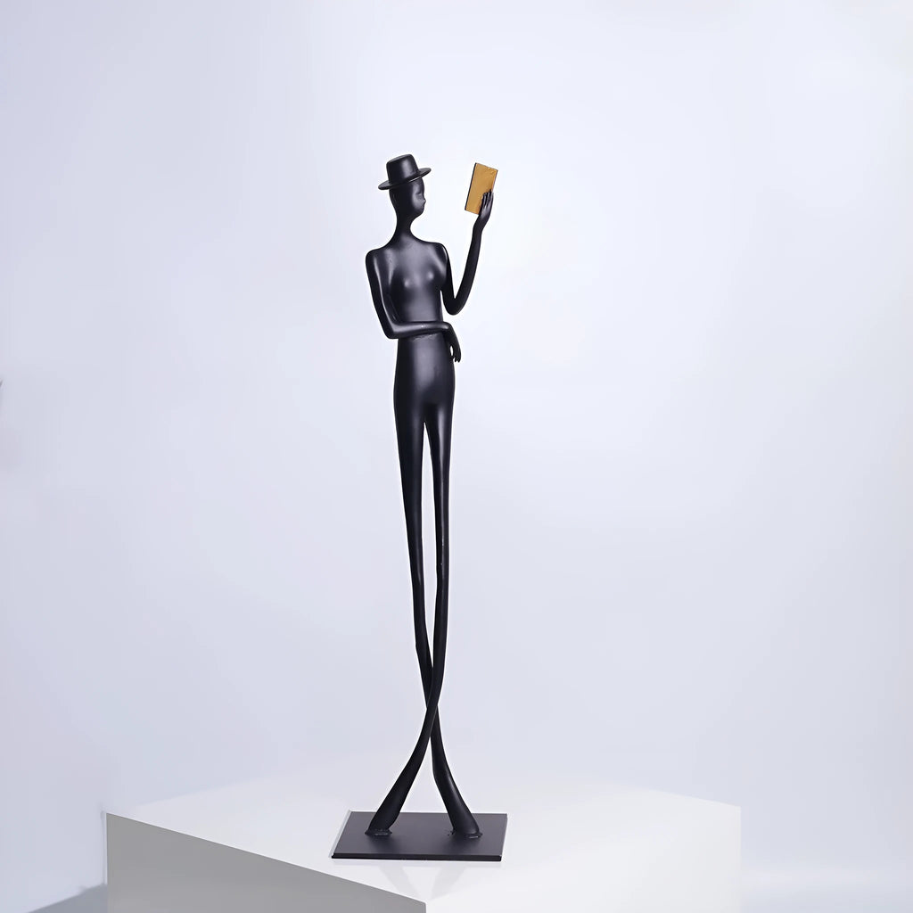 Black metallic reading woman aluminium desktop sculpture 51cm tall modern decor