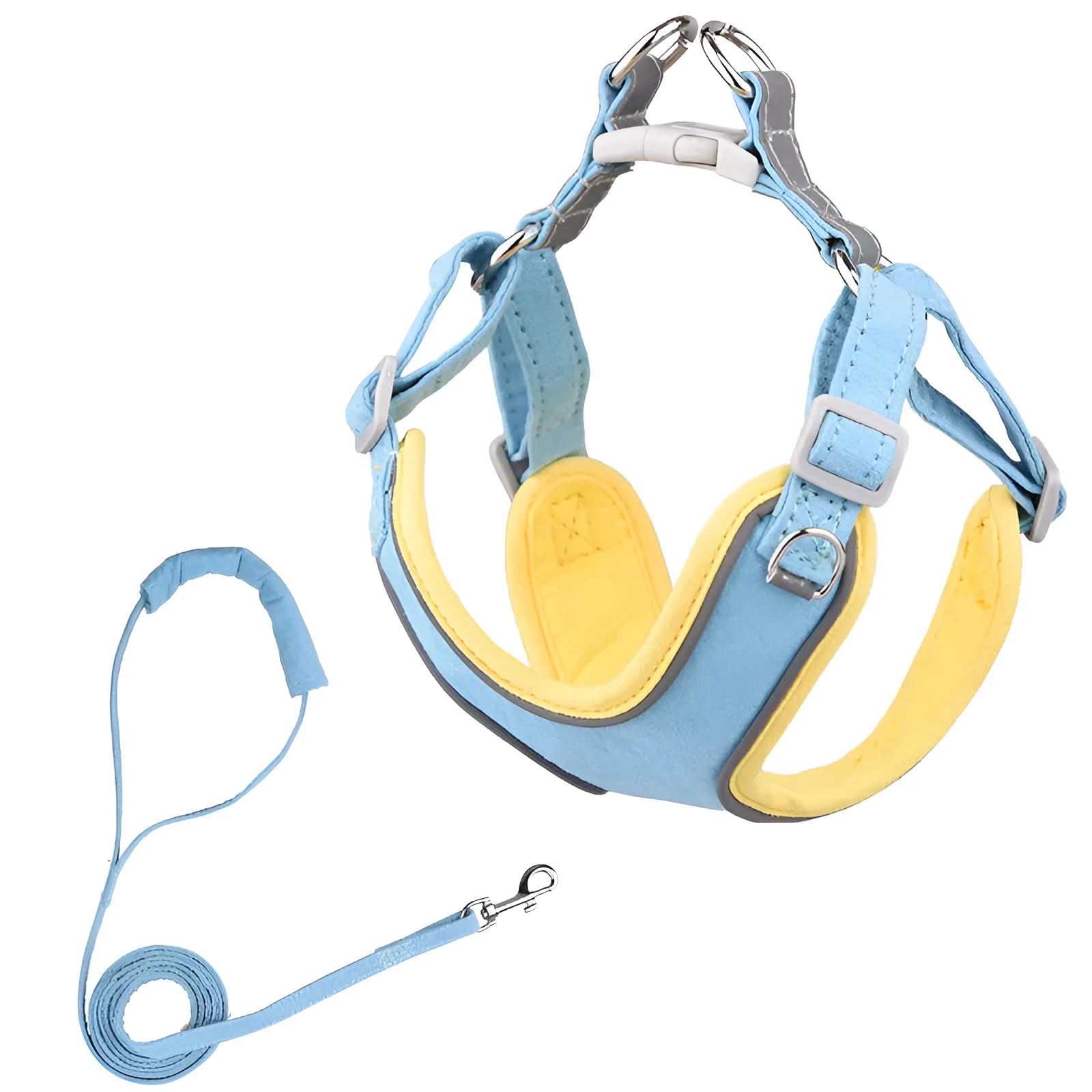 Adjustable suede dog harness and leash in blue yellow colour for small to large dogs