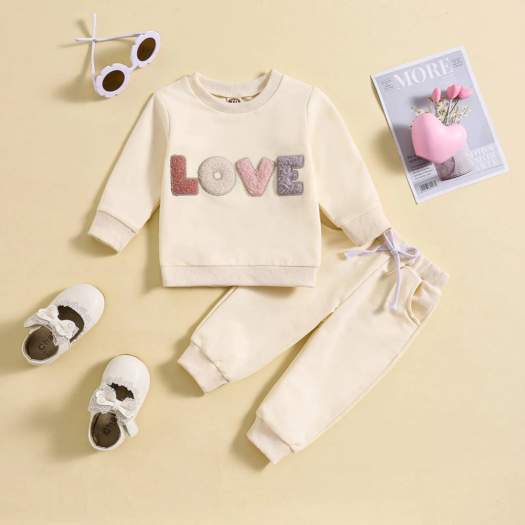 Boys and girls spring autumn cotton suit in apricot with cartoon print and letter design, top and trousers set for 70-110cm height