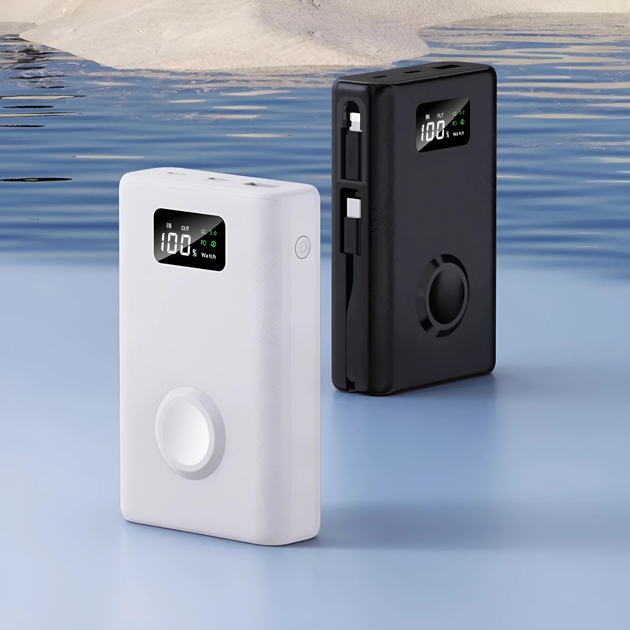 Black and white wireless charging power bank with phone bracket showing 20000mAh capacity and display screen