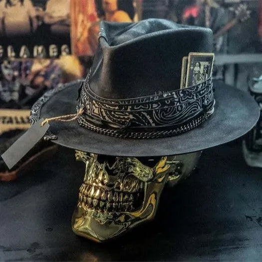 Handmade felt denim wool skull hat with cone crown in skull pattern colour