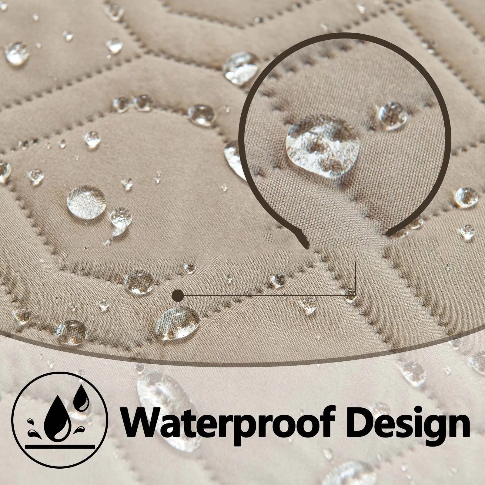 Double-sided waterproof dog sofa cushion showing contrasting colour options and multiple size measurements