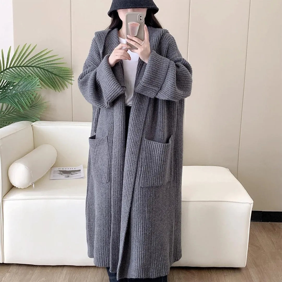 Women's loose hooded acrylic cardigan coat with raglan sleeves in milky white colour