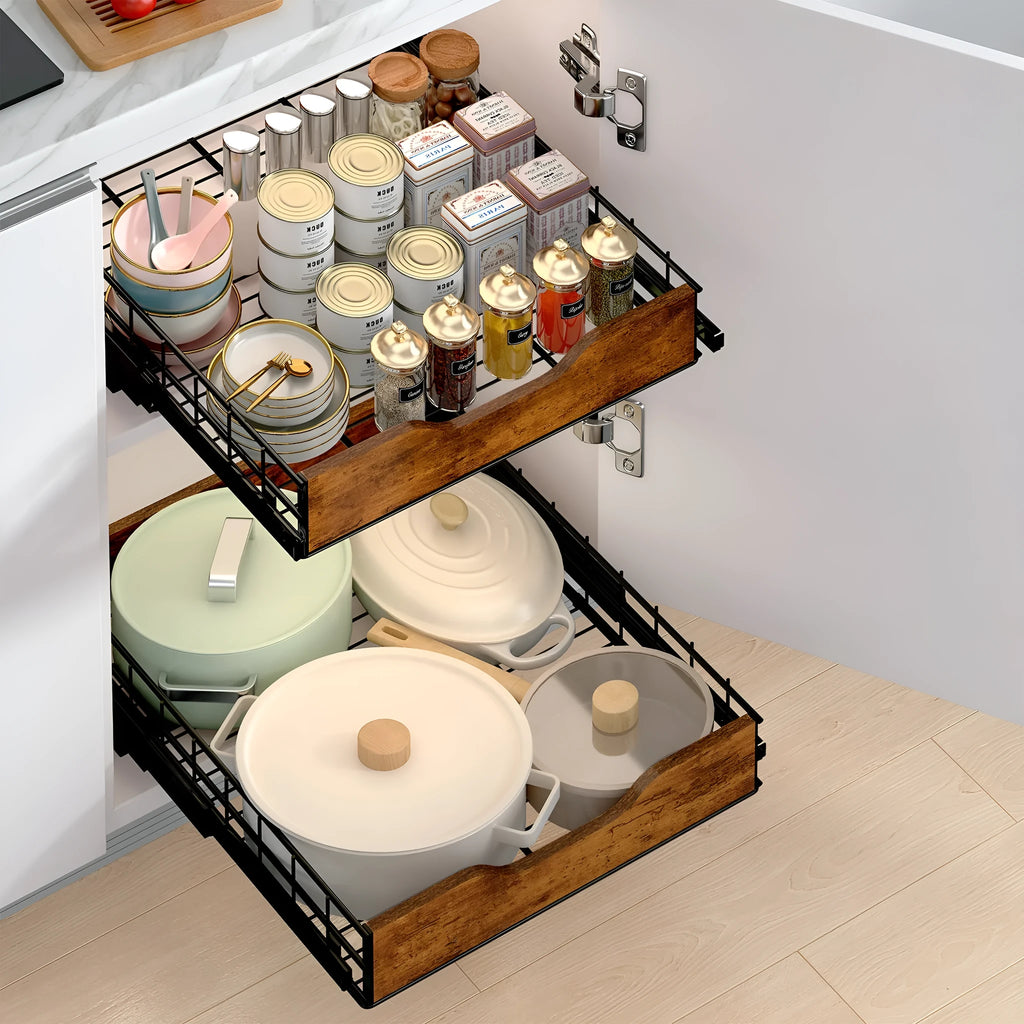 Black iron storage rack with wooden pull baskets for kitchen organisation.