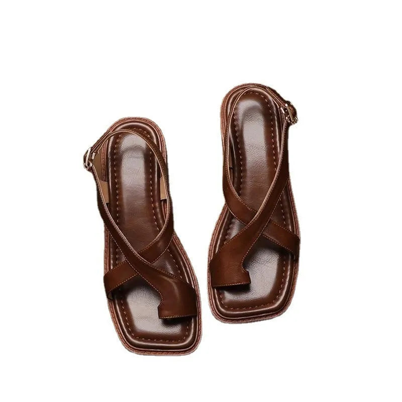 French retro brown toe ring sandals with ankle-strap buckle and square toe