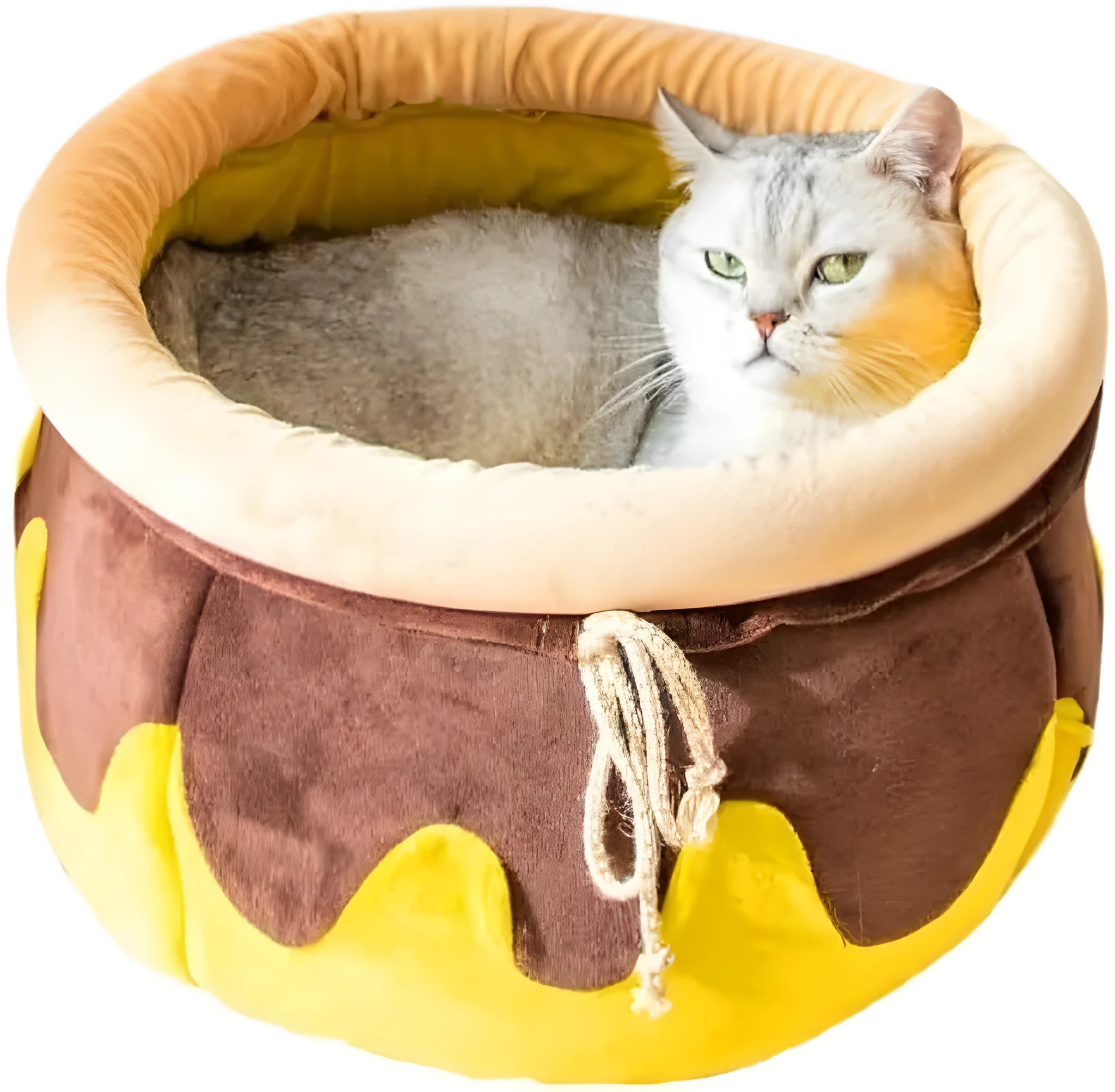 Pink honey pot shaped cat bed with a removable circular cushion inside for a small pet.