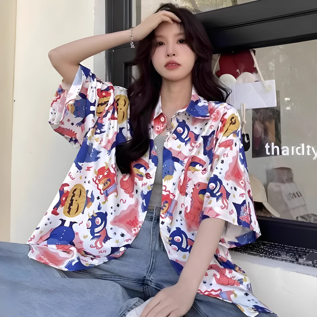 Women's summer retro full printed short-sleeved shirt in loose fit polyester, shown in picture colour