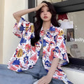 Women's summer retro full printed short-sleeved shirt in loose fit polyester, shown in picture colour