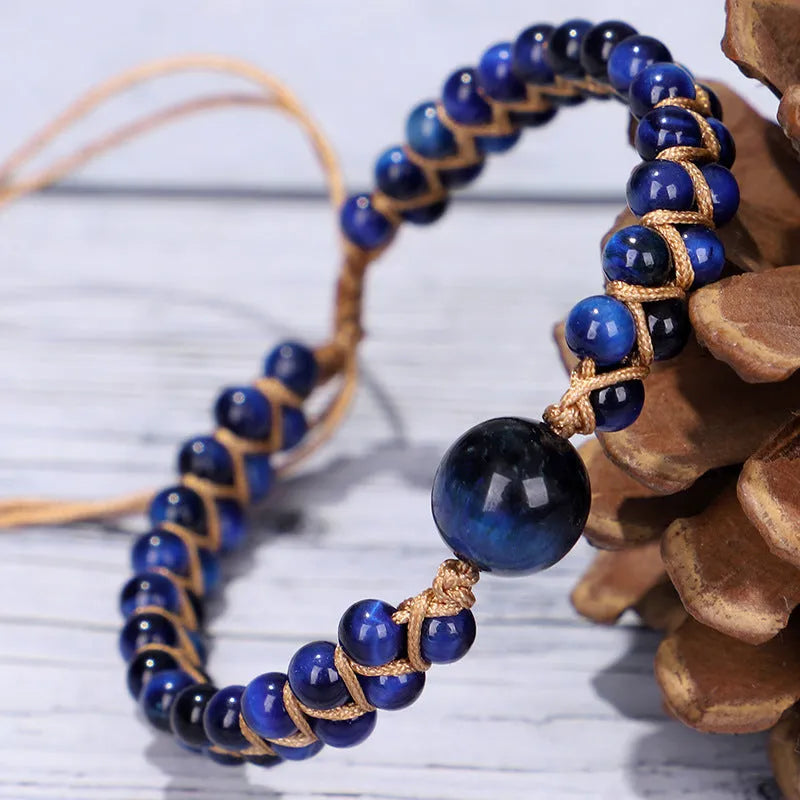 Handmade woven geometric pull bracelet in blue Tigereye or Amethyst stone beads for casual unisex wear.