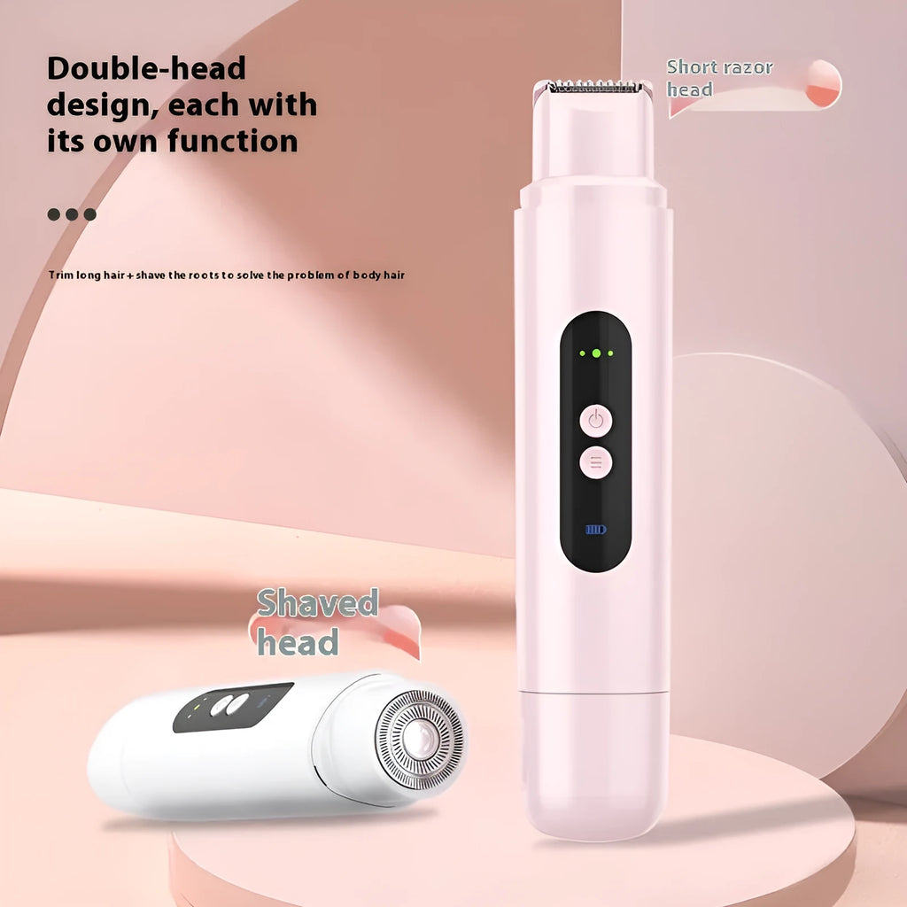 Pink and white portable electric depilator for trimming body hair, shown with USB cable.