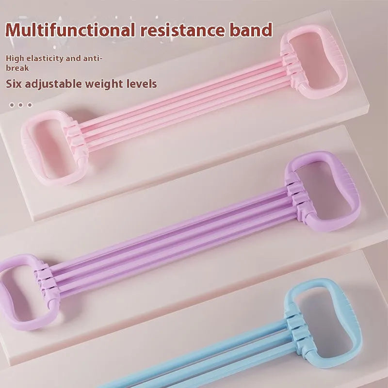 Women's adjustable chest expander with TPE tensile rope in blue, pink, or purple colours showing six resistance gears