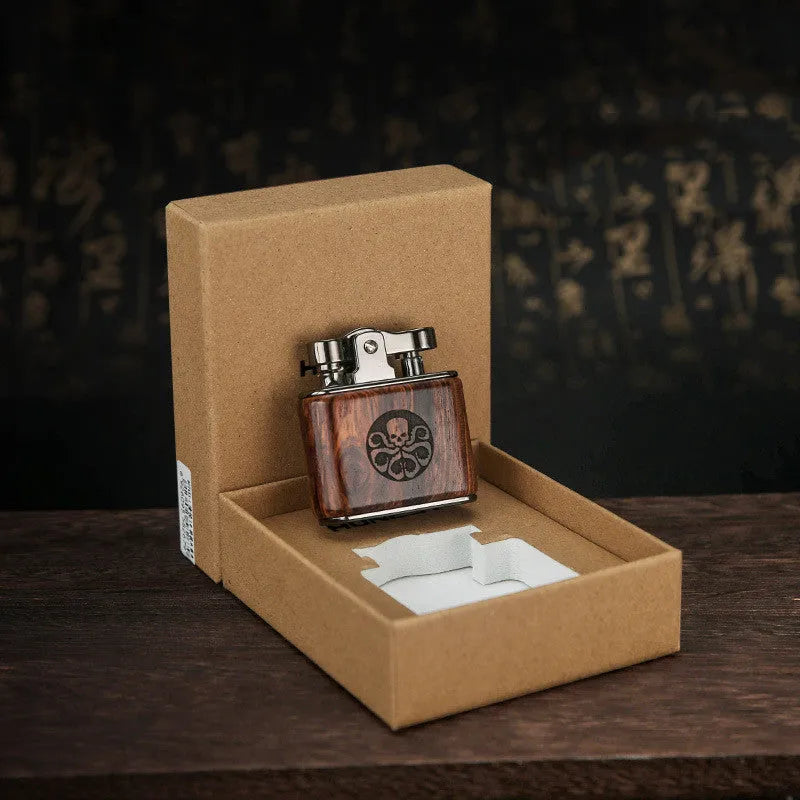 Wooden retro kerosene lighter in Ebony finish with compact 53x50x20mm size and gift box