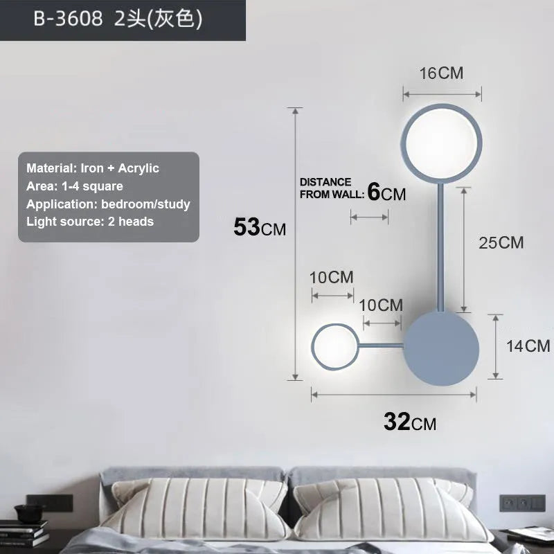 Contracted bedroom wall lamp iron acrylic 6-head 54W 96.5cm wide mounted on wall in black finish