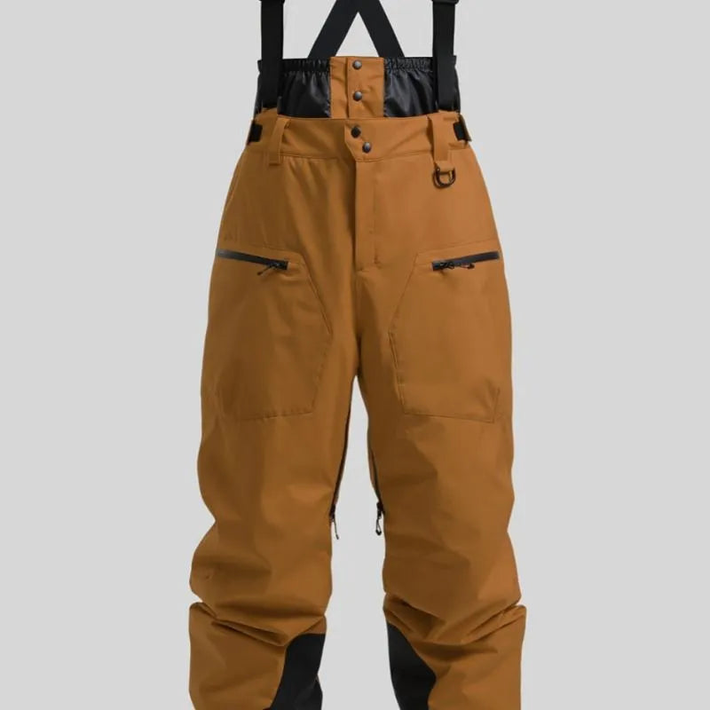 Men's black flame retardant linen ski pants with adjustable waist strap.