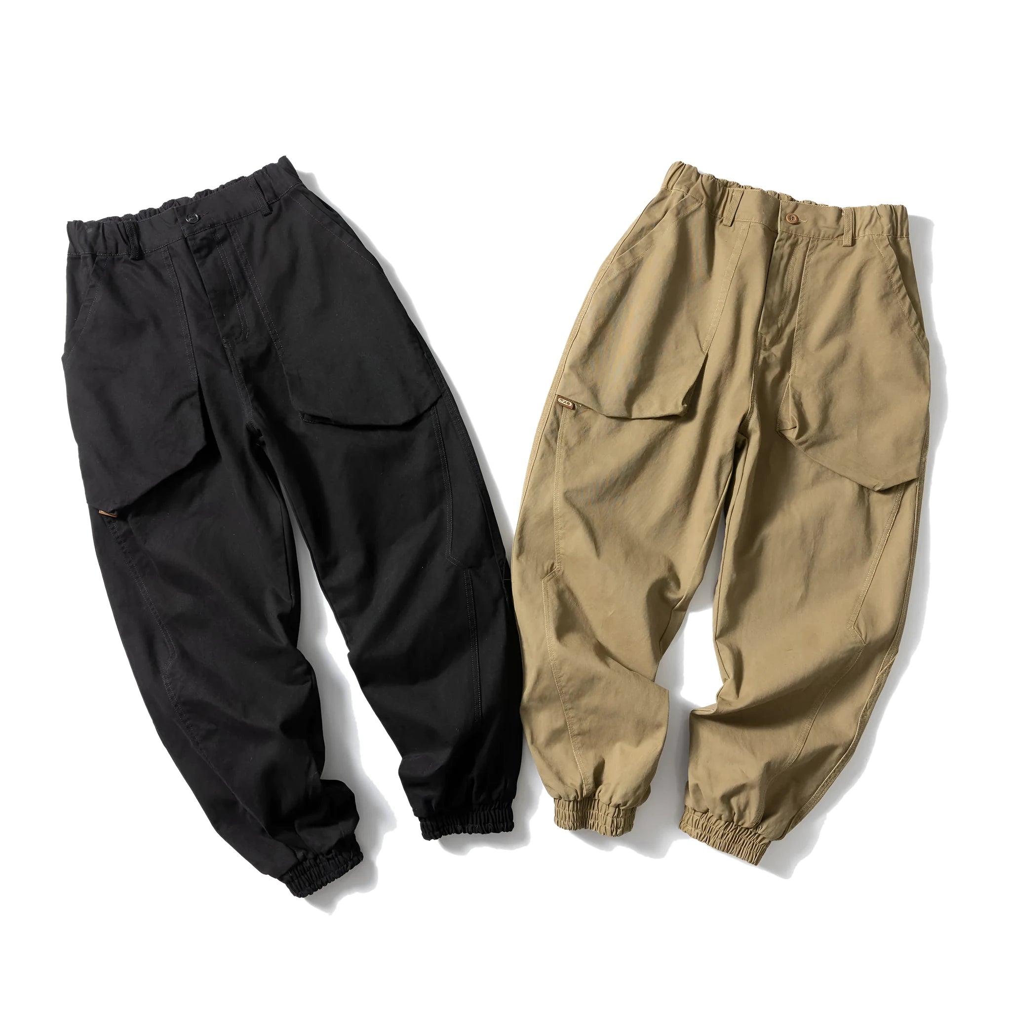Cotton tapered casual pants with large pockets in Japanese retro style with ankle ties
