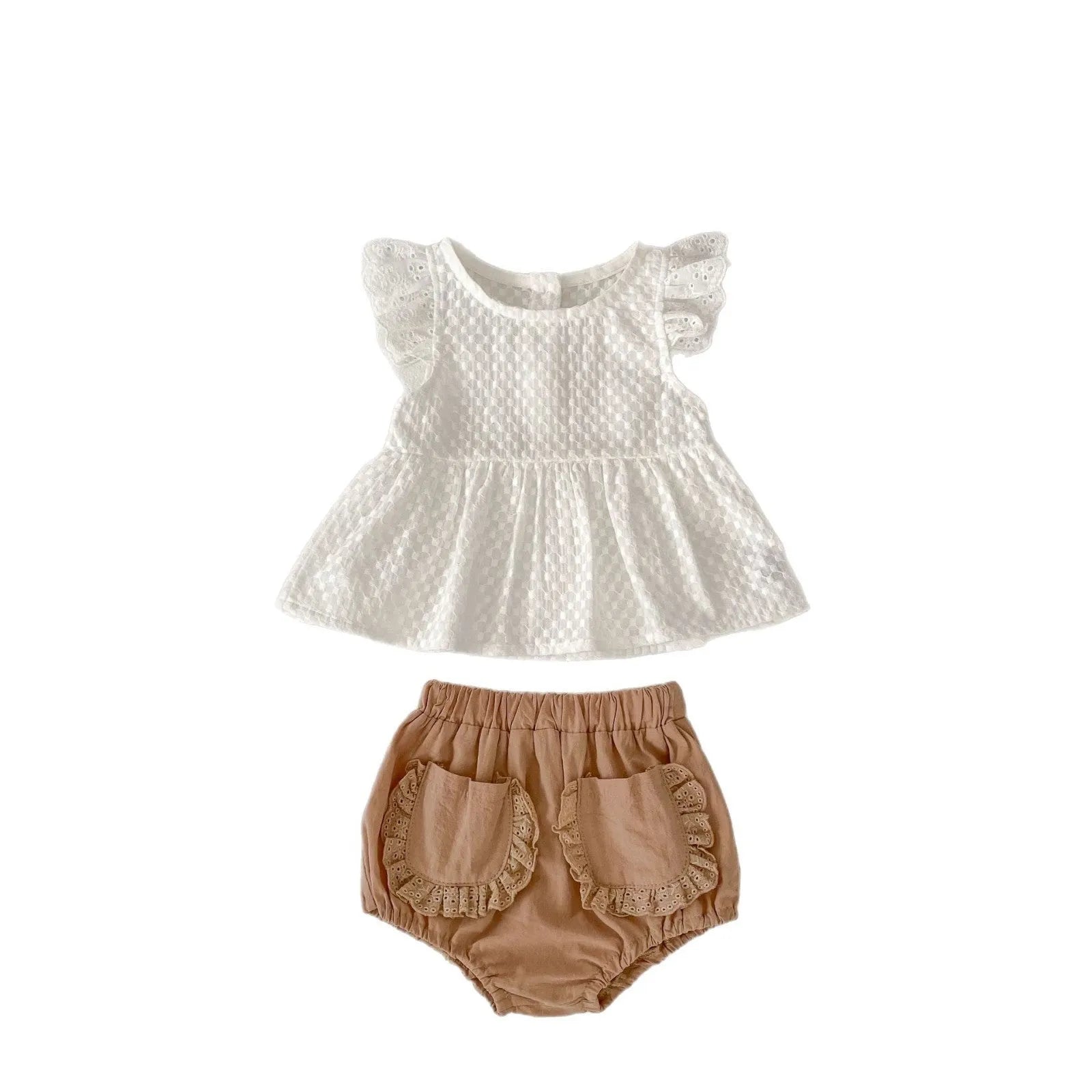 Baby girl flying sleeve top and bloomer shorts two-piece cotton set in creamy white with lace trim