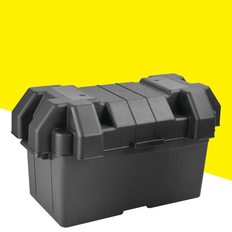 Black battery storage box showing strap and screw fixing system with internal compartment