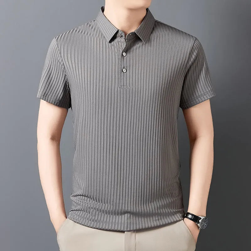 Men's ice silk cut-out lapel polo shirt with stripe pattern in light green – loose fit business casual top