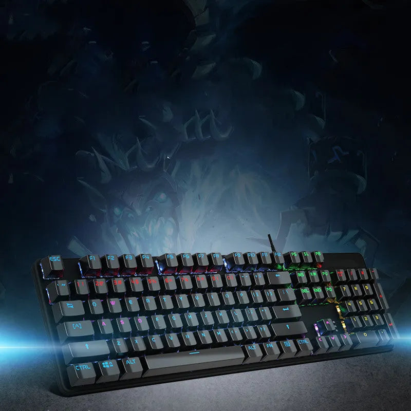 AOC GK410 mechanical keyboard with green axis switches, metal construction, and full 104-key layout