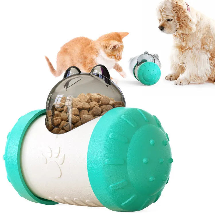 Interactive treat dispensing dog toy in green, self-standing tumbler design for slow feeding, food-grade ABS material