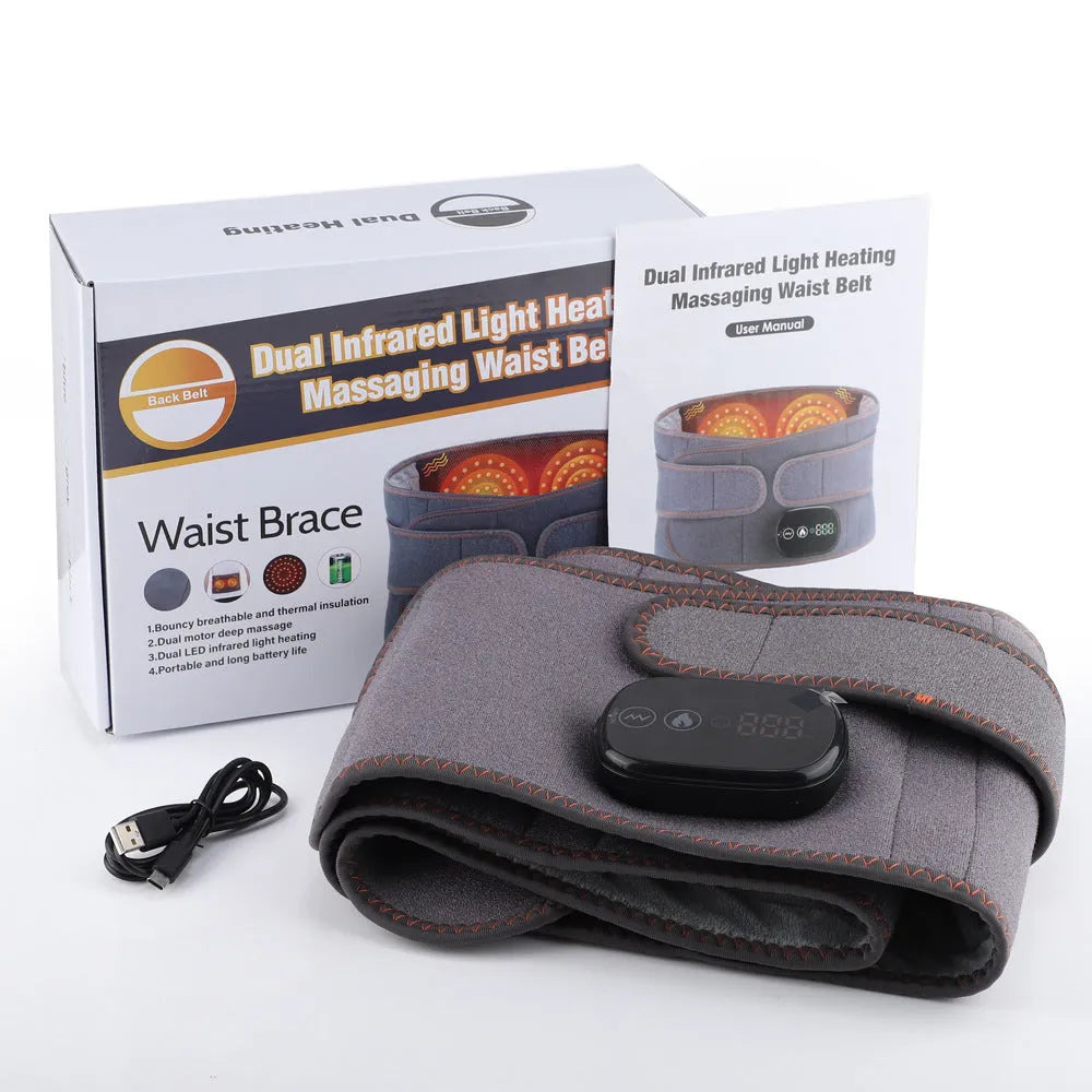 Electric heating massage belt in grey with adjustable wrap and USB cable