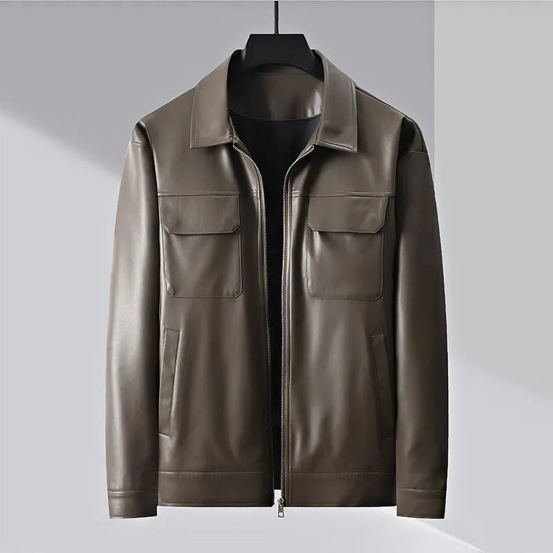 Men's lapel business casual jacket in black artificial leather loose fit with normal 50cm length