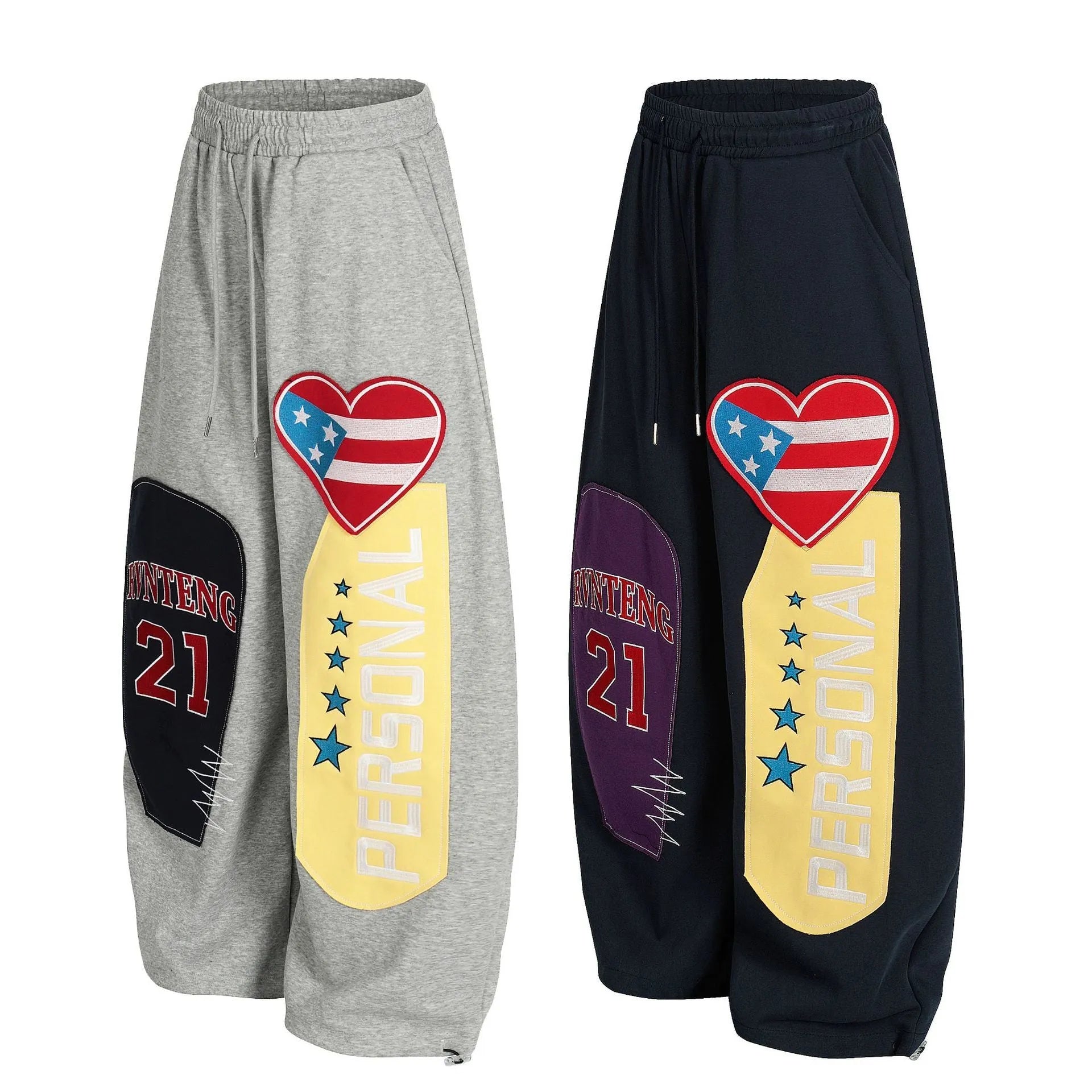 Men's letter pattern cotton loose casual trousers in blue, front view, mid waist design