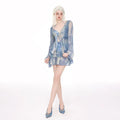Women's steel wire push-up long-sleeved swim blouse in blooming blue polypropylene split swimsuit