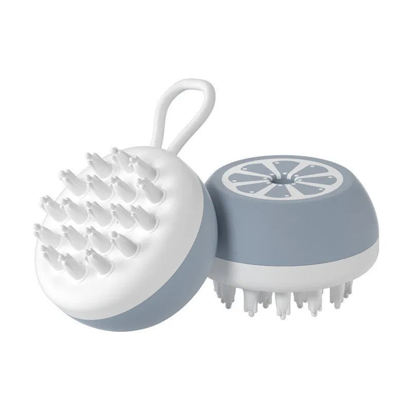 A soft silicone pet bath brush in yellow, shown with both a combed hair side and a 3D massage head side for dog and cat grooming.