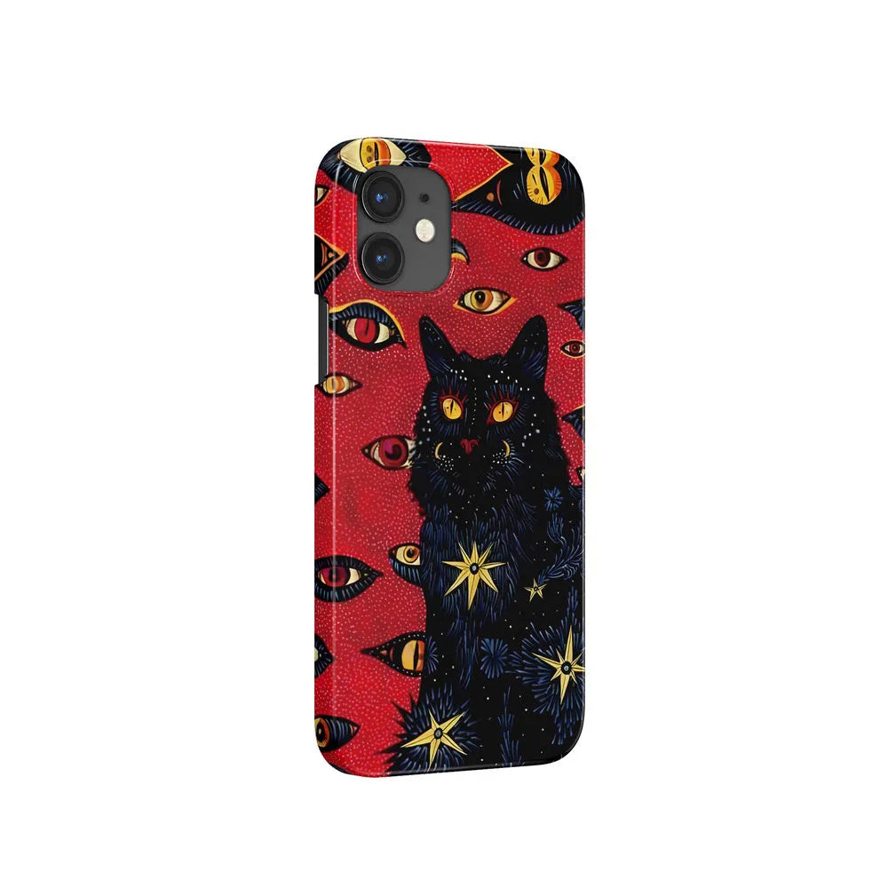 Retro cat eye design hard shell phone case for IPhone on a table, showing frosted and glossy finish options.