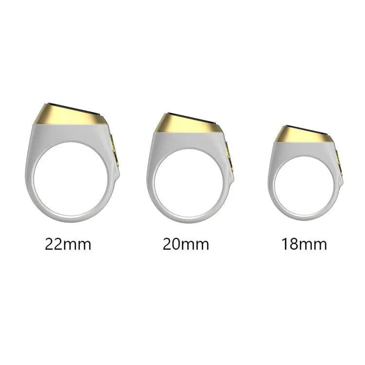 Zikr1 smart ring in silver on a finger, showing the OLED display and single CNC button.