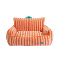 Striped plush dog bed with removable cover in yellow, orange, and purple colour options.