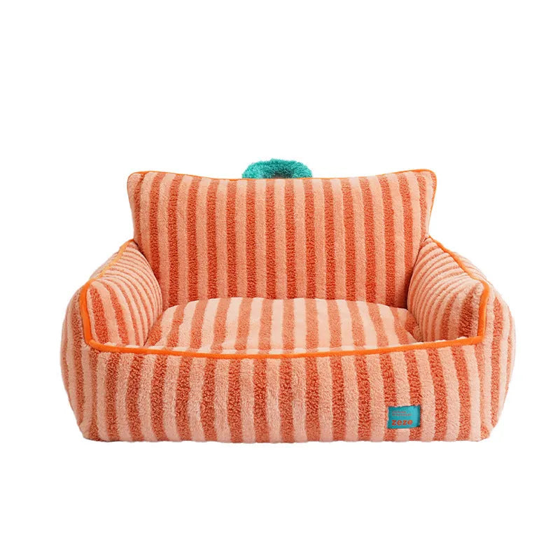 Striped plush dog bed with removable cover in yellow, orange, and purple colour options.