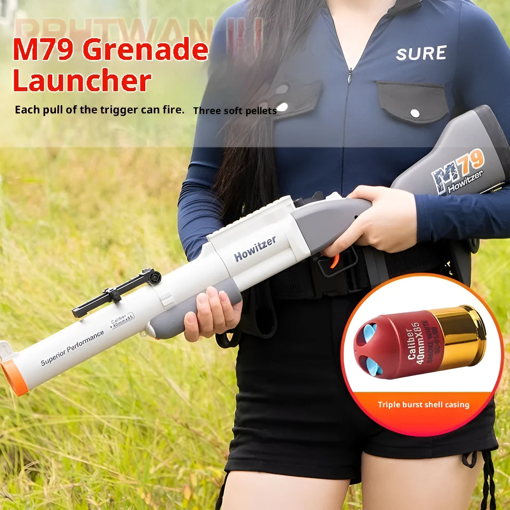 Three-piece Golden Ring Howitzer children's toy soft bullet gun set with plastic construction, includes gun, 20 bullets, and sling