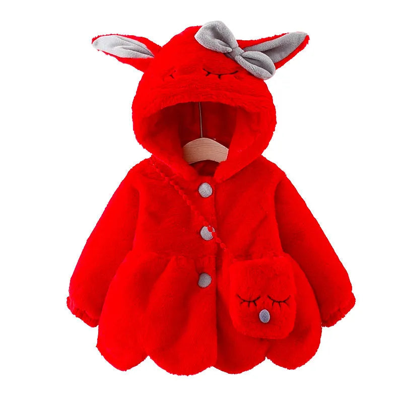 Children furry coat cotton-padded coat in beige with cartoon pattern, wool blend fabric, Korean style, single-breasted closure, suitable height 73cm