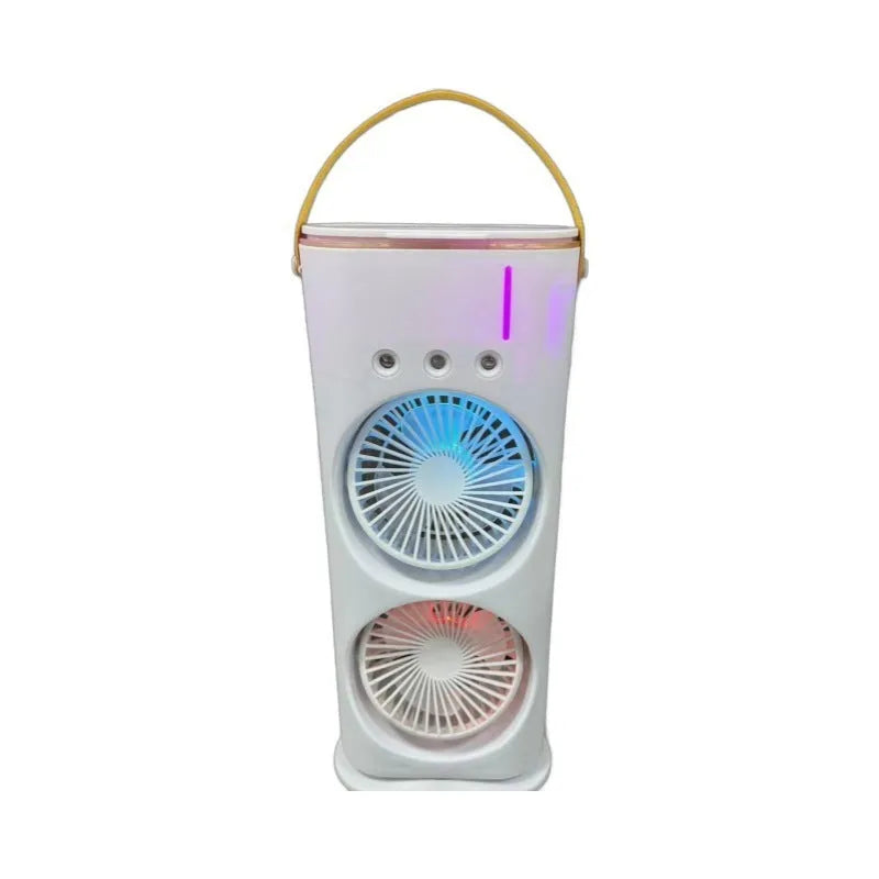 White portable USB humidifier fan with remote control on a desk