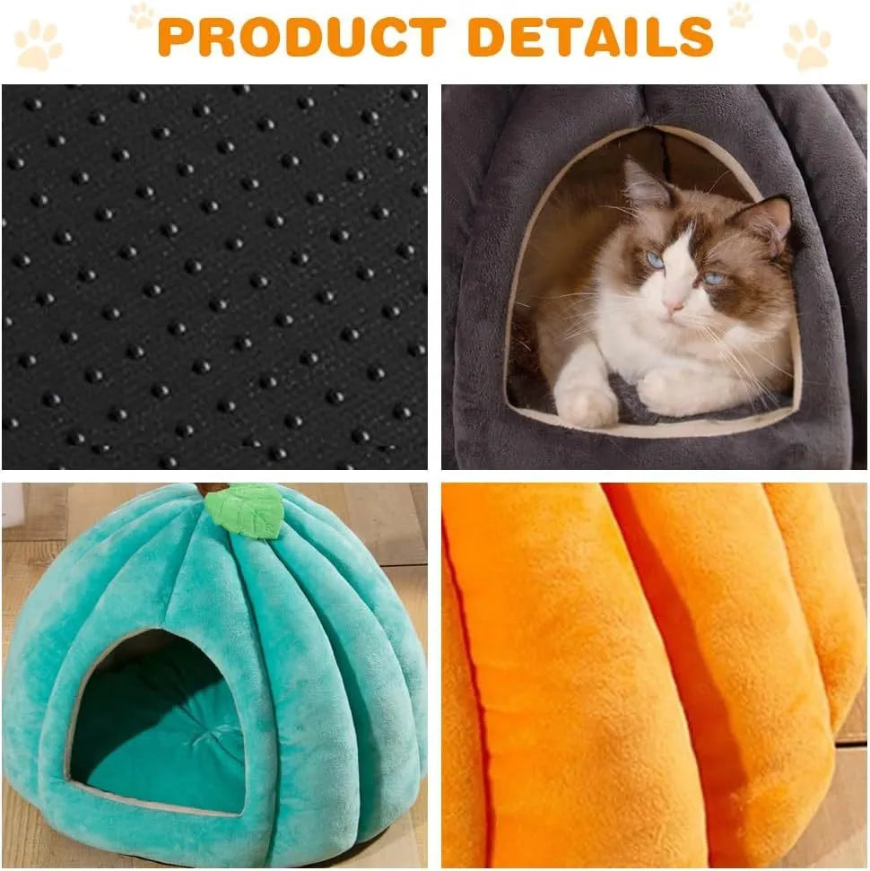 Pumpkin-shaped semi-enclosed cat bed in blue, grey, or yellow with a removable interior mat.