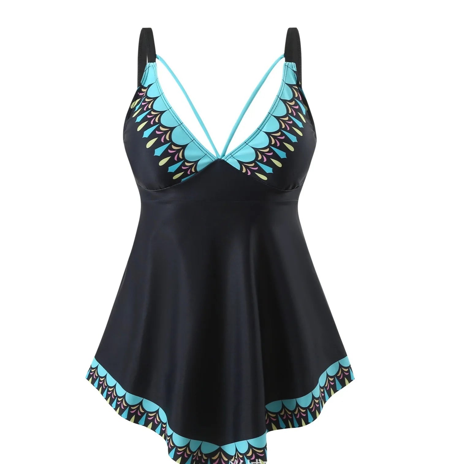Plus size green quick-drying polyester two-piece bikini swimsuit on a mannequin.