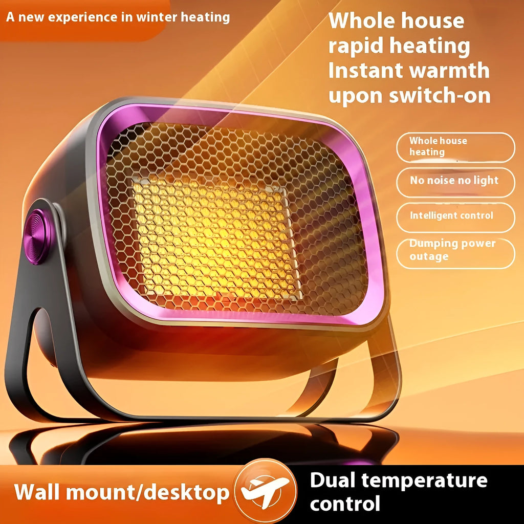 White PTC ceramic desktop heater with rotatable design showing control buttons and compact dimensions