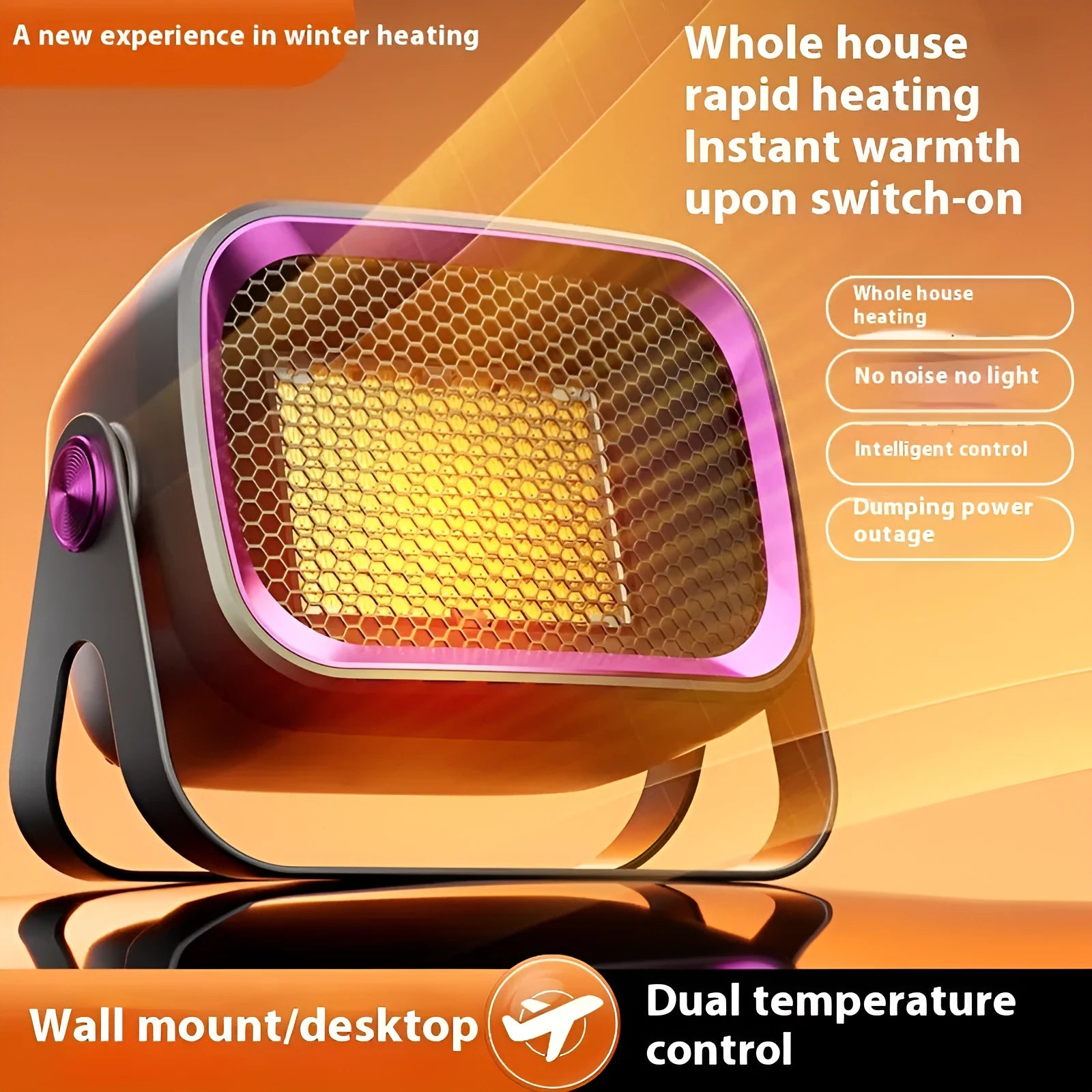 White PTC ceramic desktop heater with rotatable design showing control buttons and compact dimensions