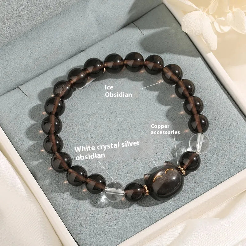 Women's opal cat head bracelet with 8mm ice stone beads and adjustable chain in natural silver stone colour