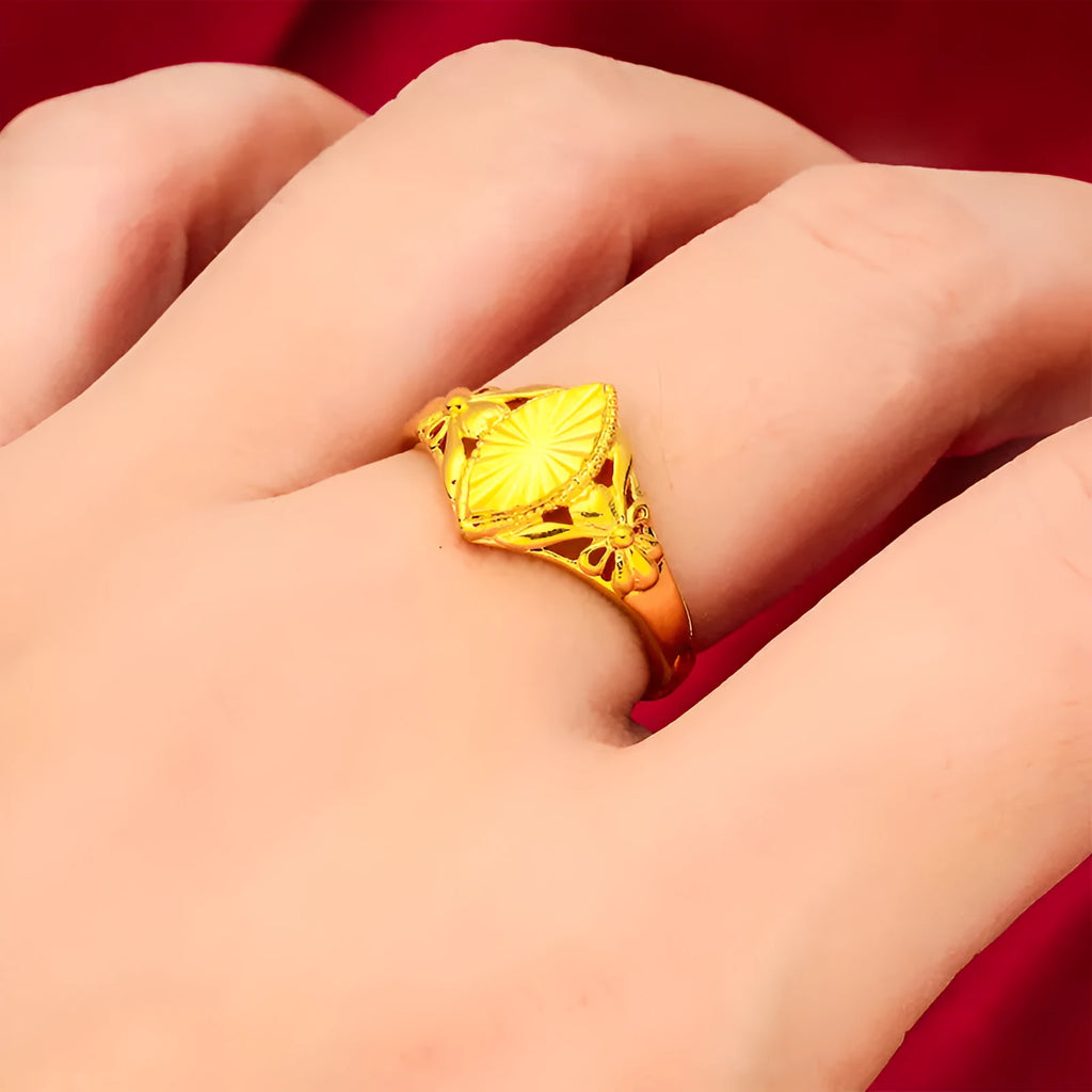 Alluvial gold girls open diamond flower ring with geometric brass construction and textured surface details