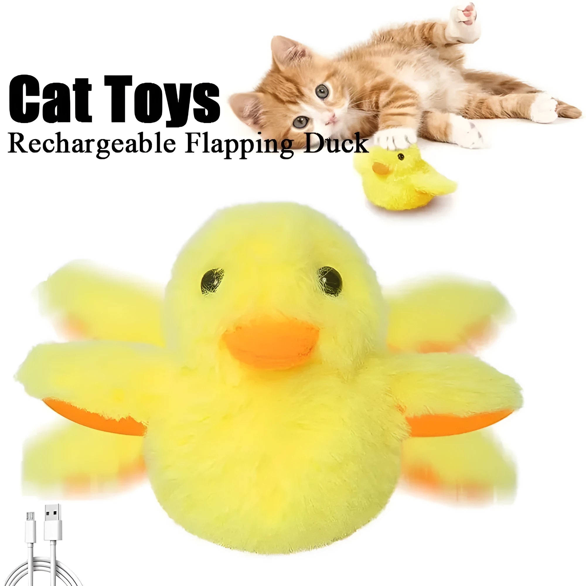 Yellow flapping duck cat toy with catnip filling and USB charging cable