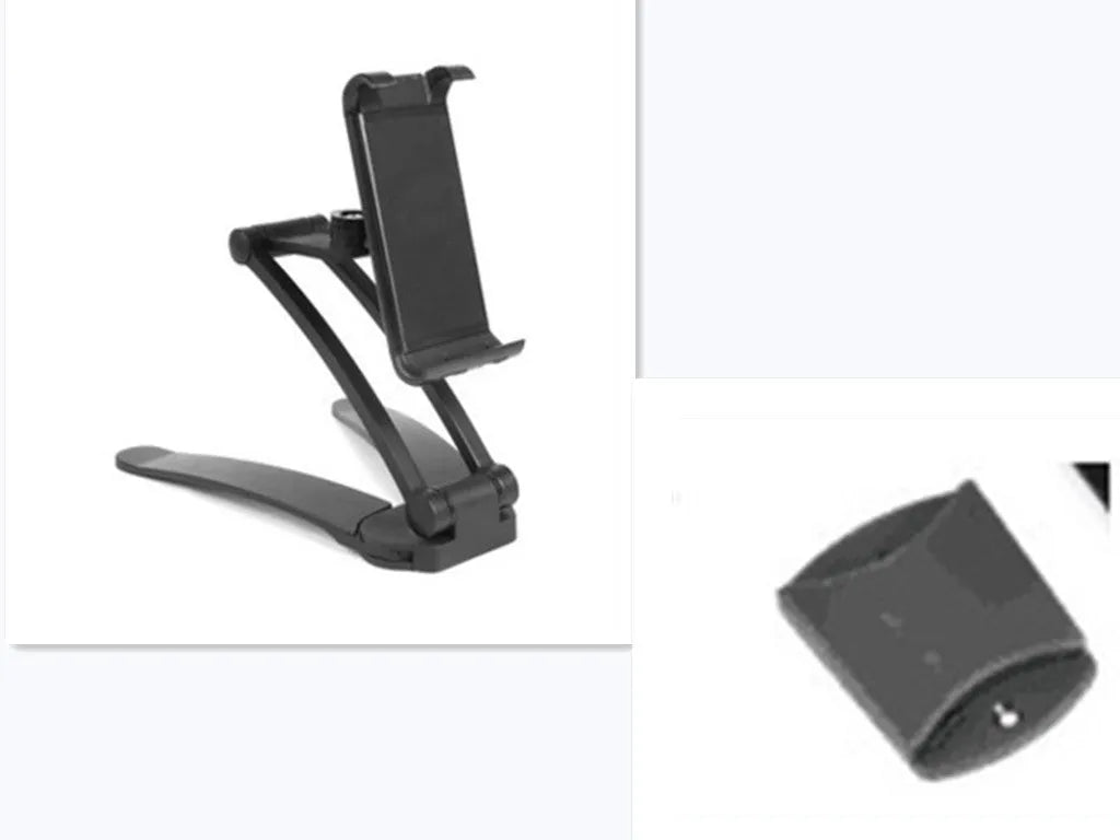 Silver aluminium alloy desktop tablet stand with adjustable holder and white mounting base on a wooden table.