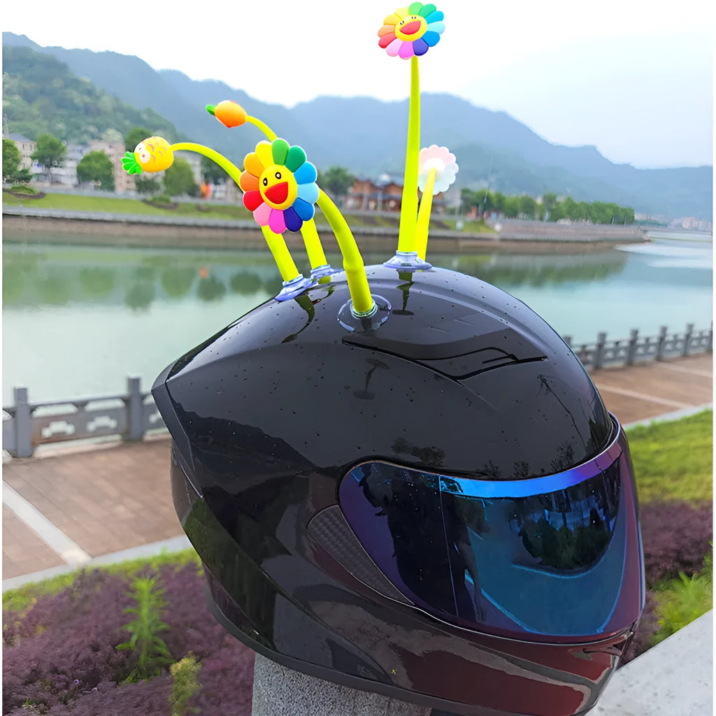 Yellow and brown swinging sunflower silicone decoration with suction cup for helmets