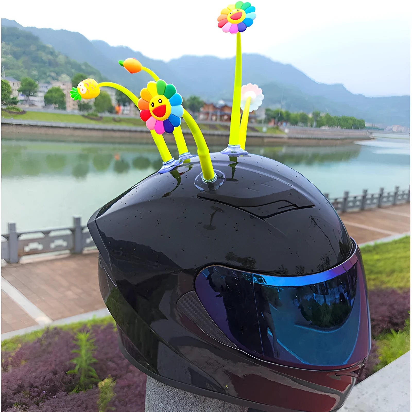 Yellow and brown swinging sunflower silicone decoration with suction cup for helmets
