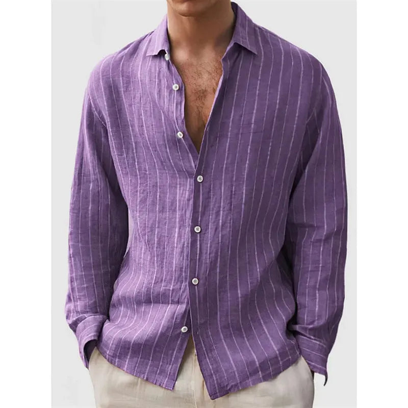 Man wearing a loose-fit striped short-sleeve cardigan-style polyester shirt for casual wear.