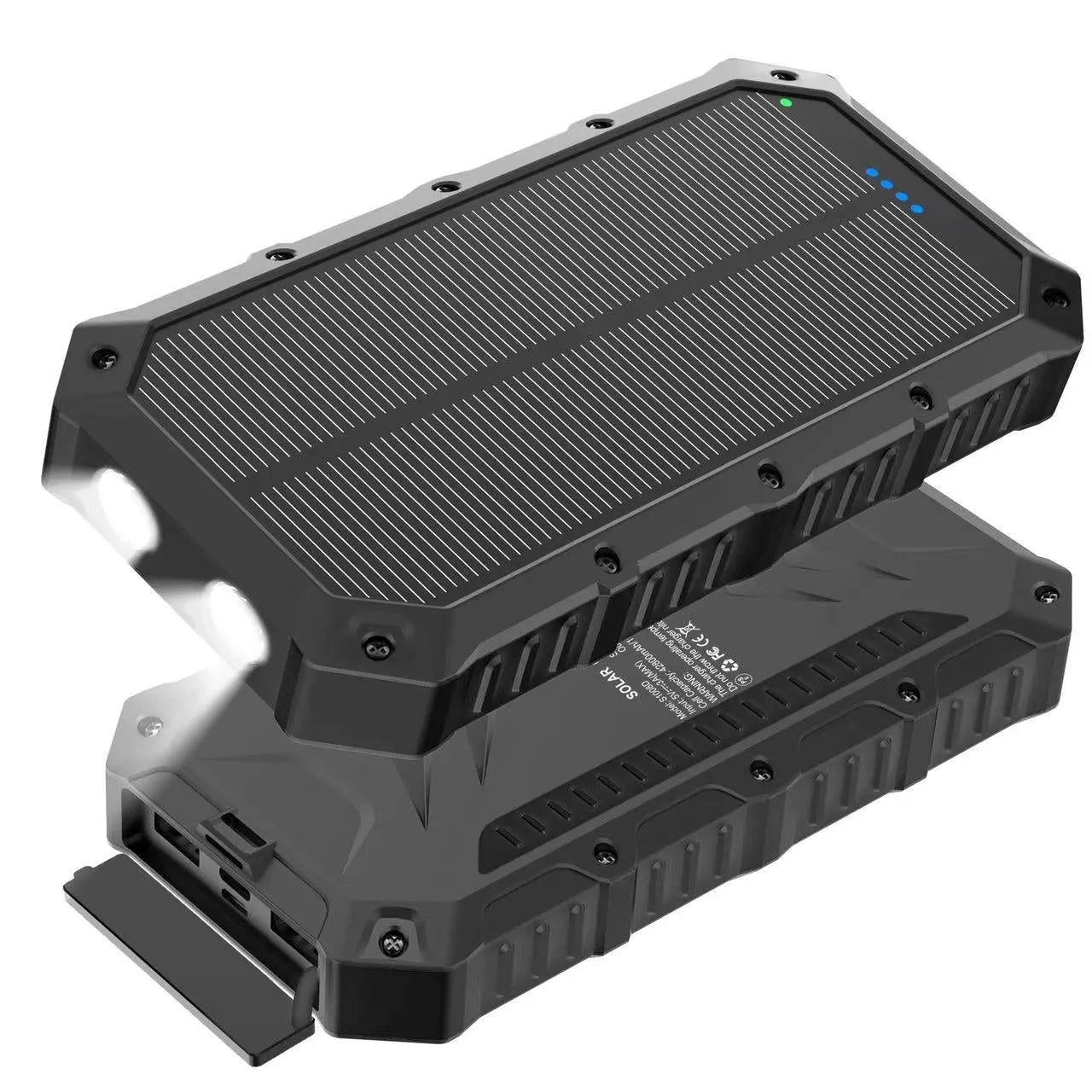 Solar charging unit outdoor portable power supply in black, with solar panel and USB ports, 167x85x22mm
