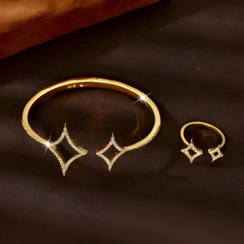 Star shape zirconia bracelet and ring set with copper plated gold and titanium plating