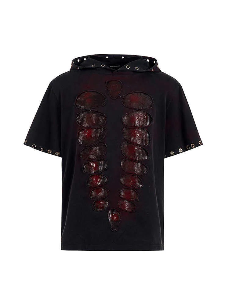 Black men's loose hooded t-shirt with short sleeves and sequin decoration